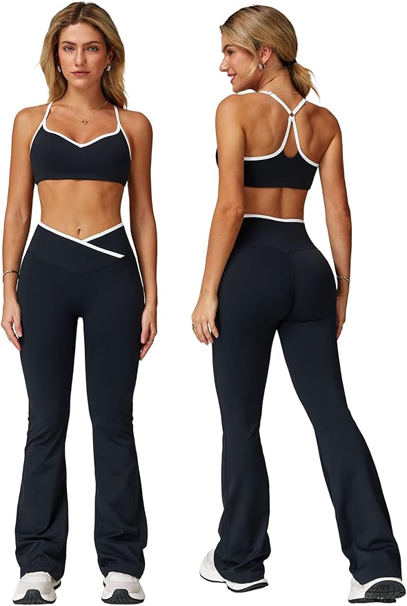 ABOCIW Workout Sets for Women 2 Piece Color Block Strappy Sports Bra High Waist Leggings Gym Yoga Pilates Outfits