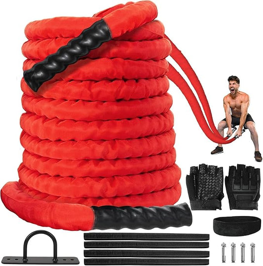 Battle Rope for Home Gym,1.5inch 30ft Red Battle Ropes with Protective Cover - Workout Equipment Heavy Exercise Rope for Strength Training for Kids or Adults