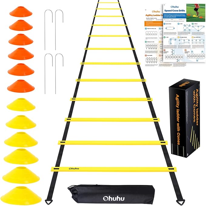 Agility Ladder Speed Training Set: Ohuhu 12 Rung 20ft Soccer Training Equipment for Kids with 12 Cones, 4 Steel Stakes, Instruction Manual & Carrying Bag for Football Exercise Sports Footwork Training
