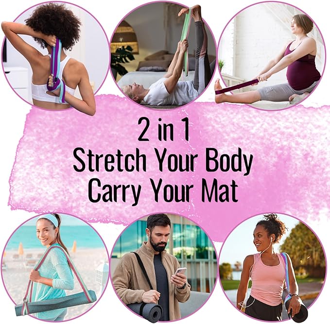 TECEUM Yoga Strap & Mat Strap – 2 IN 1 – Cotton – 6 ft 8 ft 10 ft (30+ colors) – Adjustable Non-Slip Belt for Yoga, Pilates, Stretching, Physical Therapy, Fitness & Home Workout – For Carrying Mats