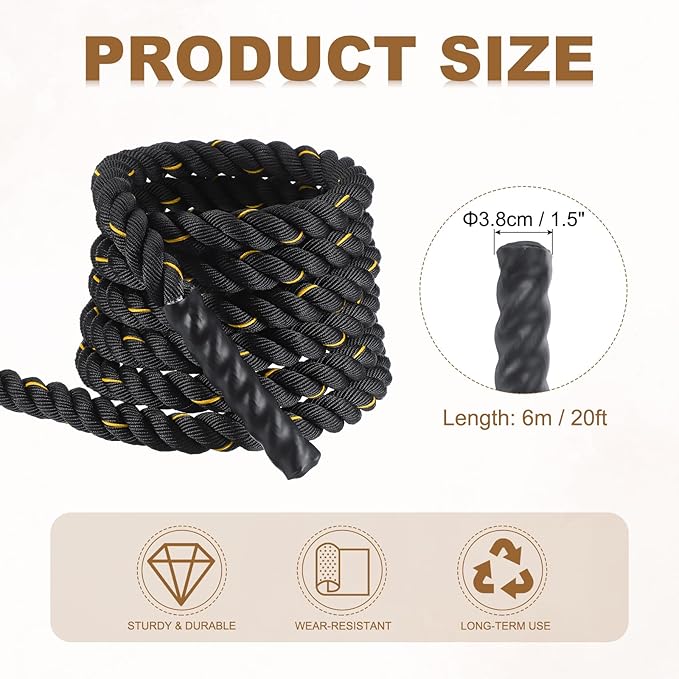 MECCANIXITY Battle Rope 20ft x 1.5 Inch Polyester Workout Rope Heavy Fitness Exercise Rope for Strength Training Home Gym Muscle Building, Black Yellow