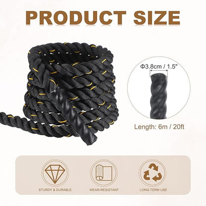 MECCANIXITY Battle Rope 20ft x 1.5 Inch Polyester Workout Rope Heavy Fitness Exercise Rope for Strength Training Home Gym Muscle Building, Black Yellow
