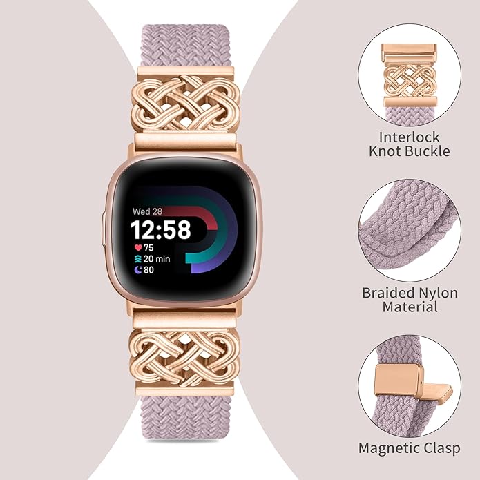 Braided Band Compatible with Fitbit Versa 4 Bands for Woman/Versa 3/Sense 1/Sense 2 Band, Magnetic Clasp Fabric Nylon with Designer Interlock Buckle Straps for Fitbit Versa4/3/Sense1/2