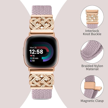 Braided Band Compatible with Fitbit Versa 4 Bands for Woman/Versa 3/Sense 1/Sense 2 Band, Magnetic Clasp Fabric Nylon with Designer Interlock Buckle Straps for Fitbit Versa4/3/Sense1/2