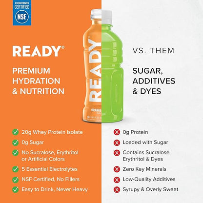 Ready® Protein Water ??20g Whey Protein Isolate, Zero Sugar, Low-Calorie Sports Drink for Hydration & Recovery ??Electrolytes, Essential Amino Acids ??Orange Mango, 16.9 fl oz Bottles (12-Pack)