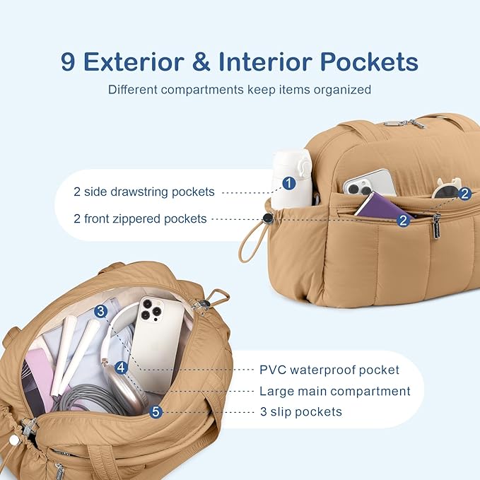 TOPDesign Travel Duffel Bag for Women, Puffer Gym Bag Sports Tote with Wet Pocket, Carry On Weekender with Luggage Sleeve (Khaki)