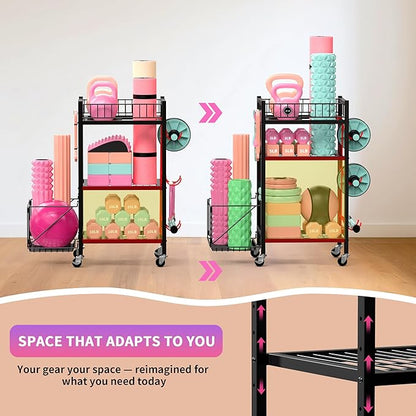 3-Tier Home Gym Storage Rack, Adjustable Yoga Mat Storage Rack, 250LBS Metal Workout Equipment Storage Cart with Large Basket & Lockable Wheels for Mats, Bands, Foam Rollers, Yoga Block (Rack Only)