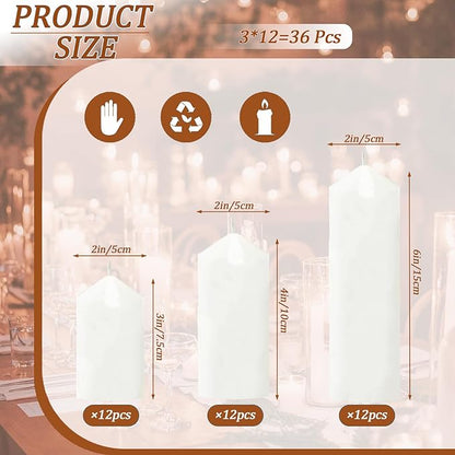 36 Pcs White Pillar Candles Bulk Setï¼? Different Lengths 2 x 3/4/6 Inch (12 Each)，Hurricane Candles，Dripless Unscented Smokeless，Gives You a Better Atmosphere When Organizing an Event Party.