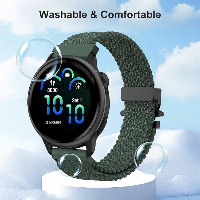Braided Bands Compatible with Garmin Vivoactive 6/5/3/Venu 2 Plus/Forerunner 165/55/645/245 Music, 20mm Parachute Buckle Soft Stretchy Nylon Band for Garmin Venu/Sq/Sq 2/Vivomove HR Men Women