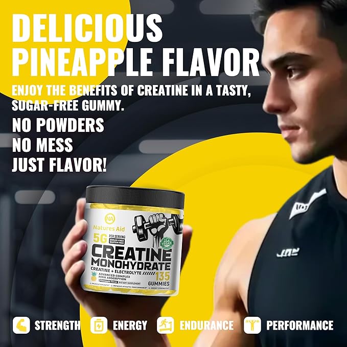 Creatine Monohydrate Gummies (5g) – Pre-Workout Energy & Muscle Growth Support for Men & Women | Orange Electrolyte Gummies (135 Count)