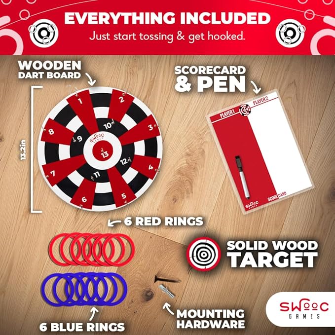 Swooc Games® ‒ Hook Darts Ring Toss Game ‒ Wood Board & Soft Rings ‒ 20+ Games Included for Kids & Adults ‒ Wall Mounted Ring and Hook ‒ Indoor & Outdoor Wall Decor for Game Room, Patio, Garage, Yard