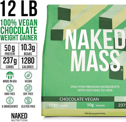 NAKED Vegan Mass - Chocolate Vegan Weight Gainer - 1,280 Calories, Non-GMO, Soy & Gluten Free, No Artificial Ingredients - 12LB Bulk - 17 Servings