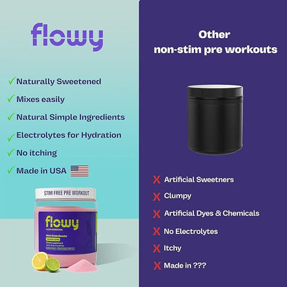 flowy Stim Free Pre Workout ??Nitric Oxide Booster for Men & Women | All Natural, Hydration, Non Stimulant Pump, Caffeine-Free, Electrolytes, L-Citrulline, Lemon Lime, 30 Servings