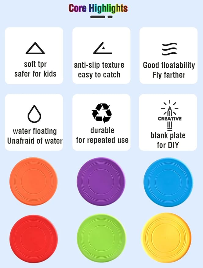 7'' Kids Outdoor Game Flying Discs 12 Pack Party Favors School Teaching Early Education Sports Safe Soft for Toddler Kindergarten Children Colorful DIY Drawing Plate