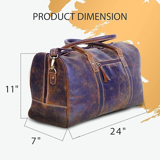 KomalC 24 Inch Leather Duffel Bags for Men and Women Travel Overnight Weekend Leather Bags Sports Gym Duffle for Men (Brown Distressed Tan)