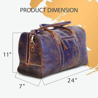 KomalC 24 Inch Leather Duffel Bags for Men and Women Travel Overnight Weekend Leather Bags Sports Gym Duffle for Men (Brown Distressed Tan)