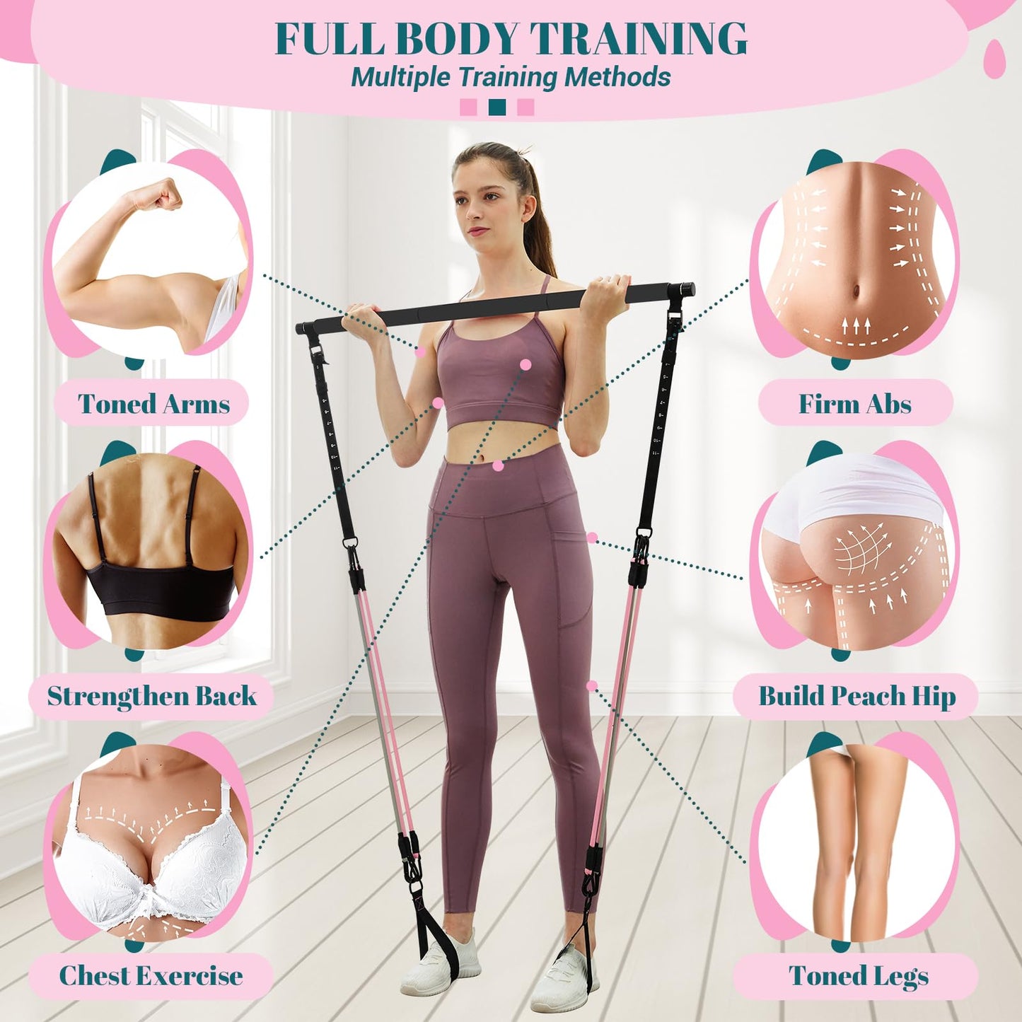 Pilates Bar Kit with Resistance Bands, Multifunctional Yoga Pilates Kit