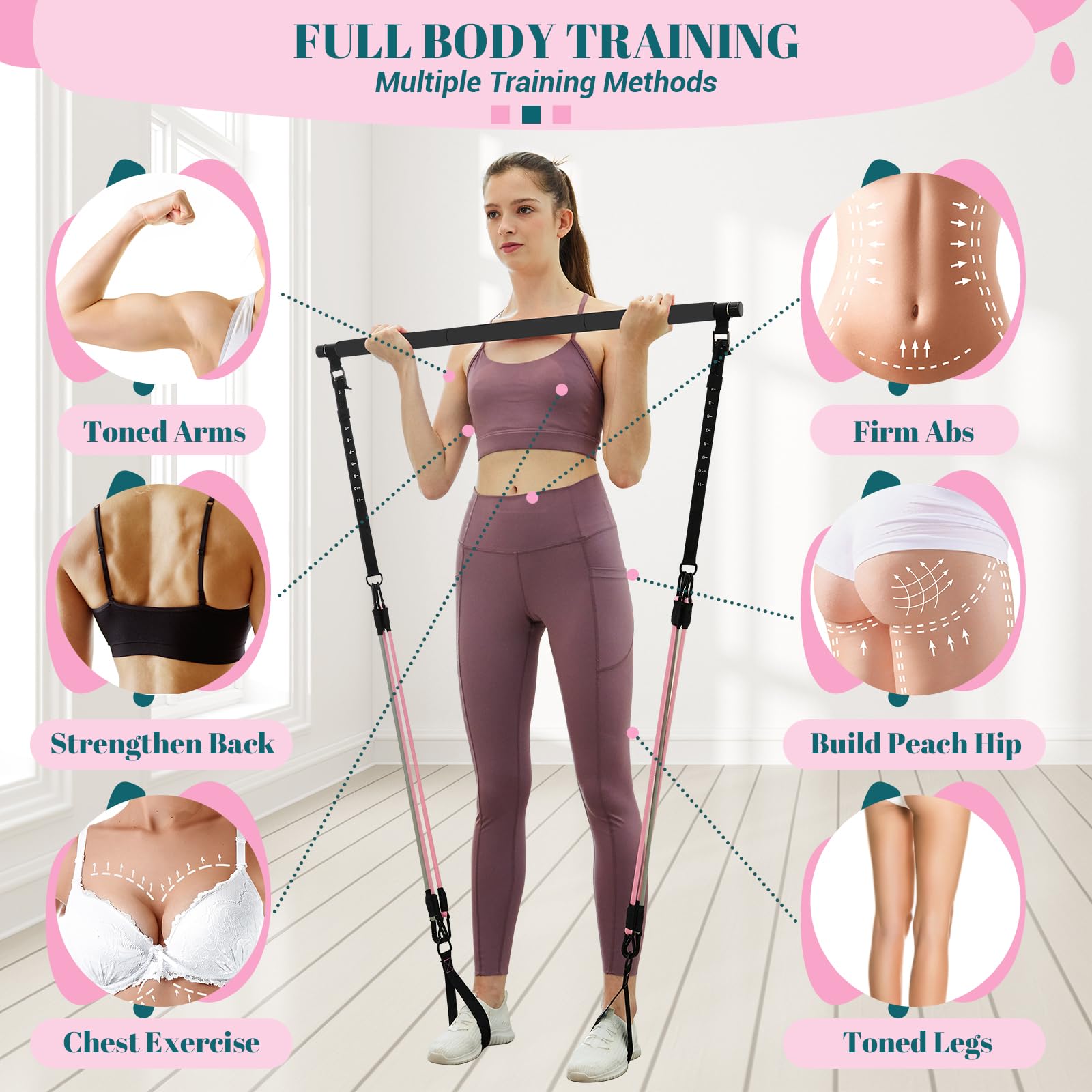Pilates Bar Kit with Resistance Bands, Multifunctional Yoga Pilates Kit