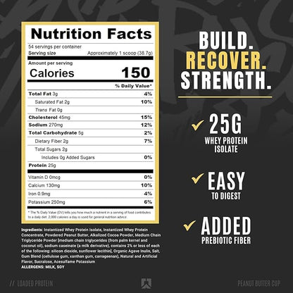 RYSE Loaded Protein Powder - Peanut Butter Cup - 25g Whey Protein Isolate & Concentrate with Prebiotic Fiber & MCTs - Low Carb, Low Sugar, Digestive-Friendly - 54 Servings / 4 lb Tub