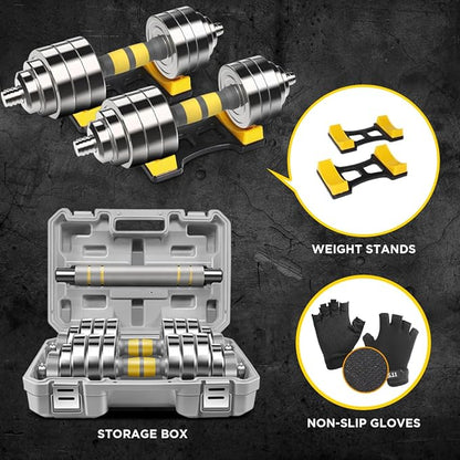 PHOEROS Adjustable Dumbbell Set - 44/66/88 LBS weights set, Dumbbell Barbell 3 in 1, Steel Dumbbells Pair with Connecting Rod for Adults Women Men Fitness Workout, Home Gym Exercise Training Equipment