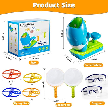 Flying Disc Launcher Outdoor Toys with 1 Whale Launcher, 24 Flying Discs, 2 Butterfly Nets and 2 Protective Glasses, Outside Toys for Kids Ages 3-5 6-8 Boys Girls Chasing Catching Games Birthday Gifts