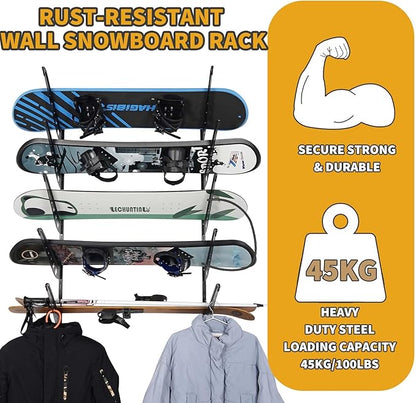 5 Board Snowboard Wall Racks, Adjustable Storage Rack for Ski, Surfboard, Wakeboard, Snowboard Wall Mount Display, Black