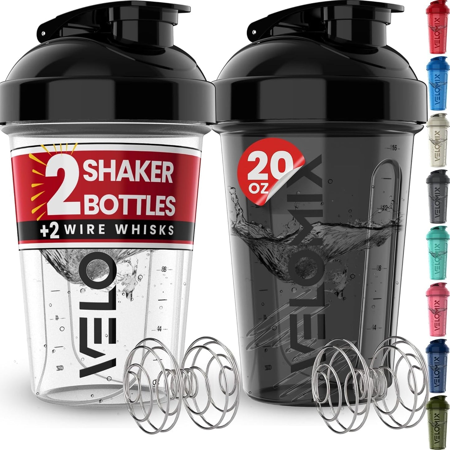 VELOMIX 2 Pack 20oz Protein Shaker Bottle for Protein Mixes, Black/Transpar