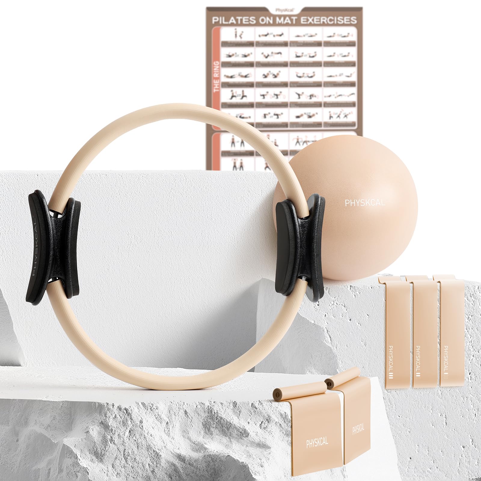 PhysKcal Pilates Kit, 15-Inch Pilates Ring with Pilates Ball & Bands, Nude