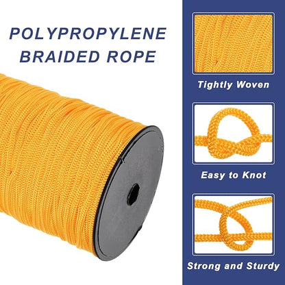MECCANIXITY 3/16 Inch Polypropylene Rope Braided Ropes, 328ft Nylon Rope Hollow Utility Cord for Clothesline, Camping, Hiking, Outdoor, Orange Yellow