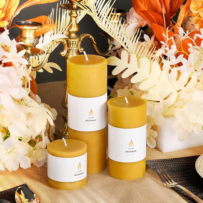 3"x 3" Beeswax Pillar Candle, Made of Pure Natural Beeswax, with Ultra Long Burning Time and Low Allergenicity-Rawï¼?0H