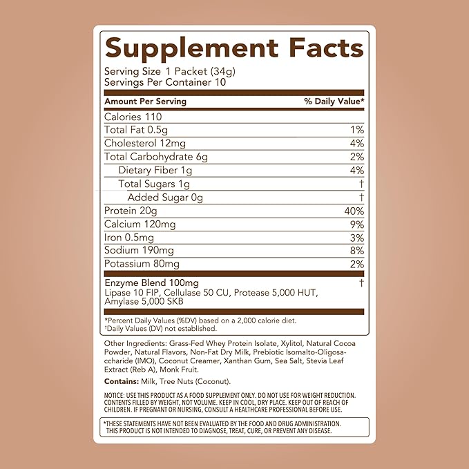 Clean Simple Eats Whey Protein Powder, Chocolate Brownie Batter Flavor, Naturally Sweetened, 100% Grass Fed Protein Powder, Digestive Enzymes & No Artificial Ingredients, Gluten Free, 10 Stick Packs