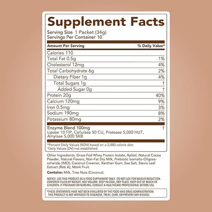 Clean Simple Eats Whey Protein Powder, Chocolate Brownie Batter Flavor, Naturally Sweetened, 100% Grass Fed Protein Powder, Digestive Enzymes & No Artificial Ingredients, Gluten Free, 10 Stick Packs