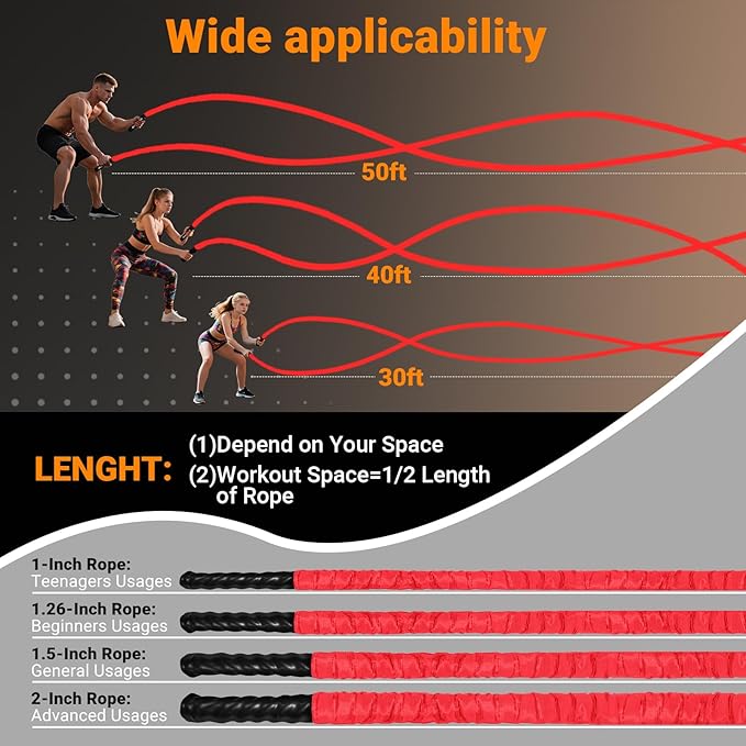 Battle Rope 1/1.26/1.5/2 Inch Diameter,Pink 30FT/40FT/50FT Exercise Workout Ropes for Home Gym Heavy Weighted Training Rope for Working Out