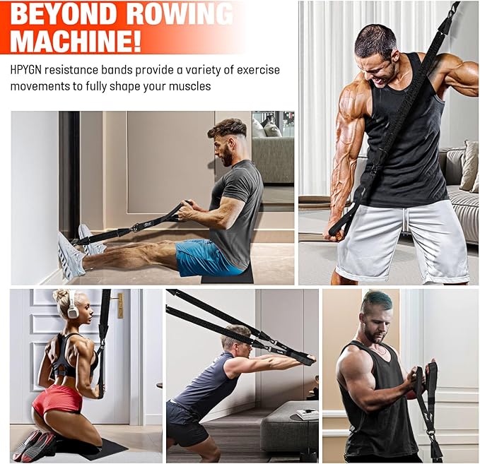 HPYGN Rowing Resistance Bands, Best Replacement for Rowing Machine, Home Gym Workout Equipment for Back, Arms, Shoulders, Core, Glutes and Legs, Rowing Workout, Cardio, Low-Impact, Portable Home Gym
