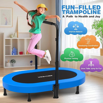 ANCHEER 56'' Foldable Mini Trampoline with Adjustable Handle - Indoor/Outdoor Rebounder for Kids & Toddlers Safe Oval Fitness Trampoline with Bar for Home Fun