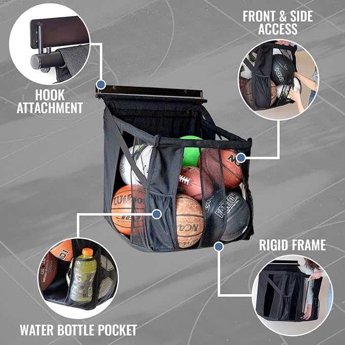 StoreYourBoard Basketball Wall Mount, Sports Ball Rack, 20x18x22 Ball Storage for 50 lbs of Basketballs, Soccer Balls, Volleyballs, Footballs, Openings for Easy Access, Garage Organization