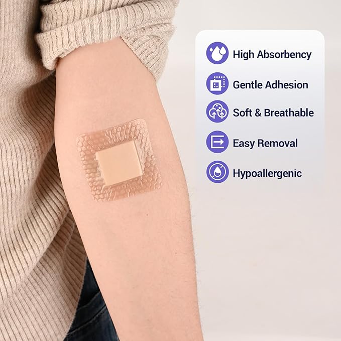 Silicone Foam Dressing 2" x 2" with Border, High Absorbency Wound Bandage, Gentle Adhesion, Soft Breathable Silicone Bandages for Wound Care, Pack of 10