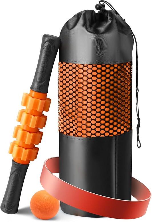 5 in 1 Foam Roller Set - Trigger Point Foam Back Roller, Muscle Roller Stick, Massage Ball, Stretching Band for Deep Muscle Massage Pilates Yoga,Fitness Exercise for Whole Body Release (Pure Orange)
