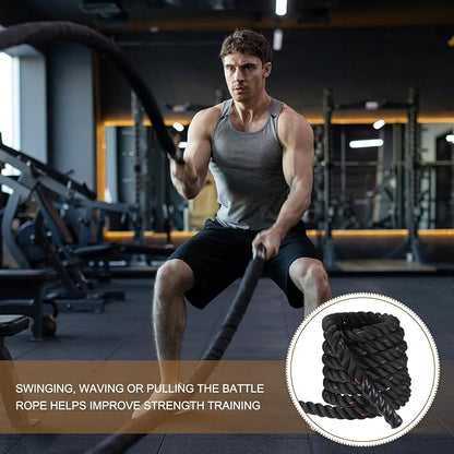 MECCANIXITY Battle Rope 30ft x 2 Inch Polyester Workout Rope Heavy Fitness Exercise Rope for Strength Training Home Gym Muscle Building, Black Red