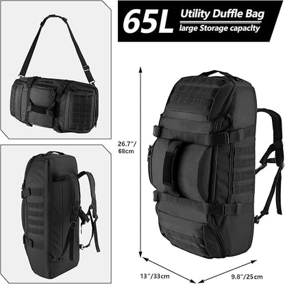65L Large Duffle Bag, 3-in-1 Tactical Backpack MOLLE Pack for Sports, Gym, Outdoor, Black