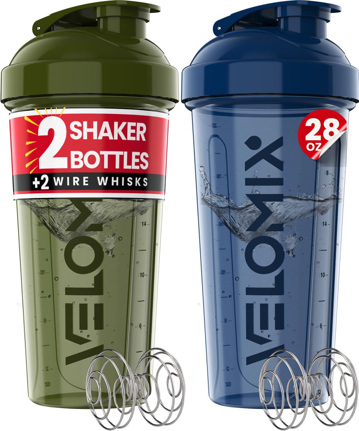 VELOMIX 2 Pack 28oz Protein Shaker Bottle for Protein Mixes, Blue/Green