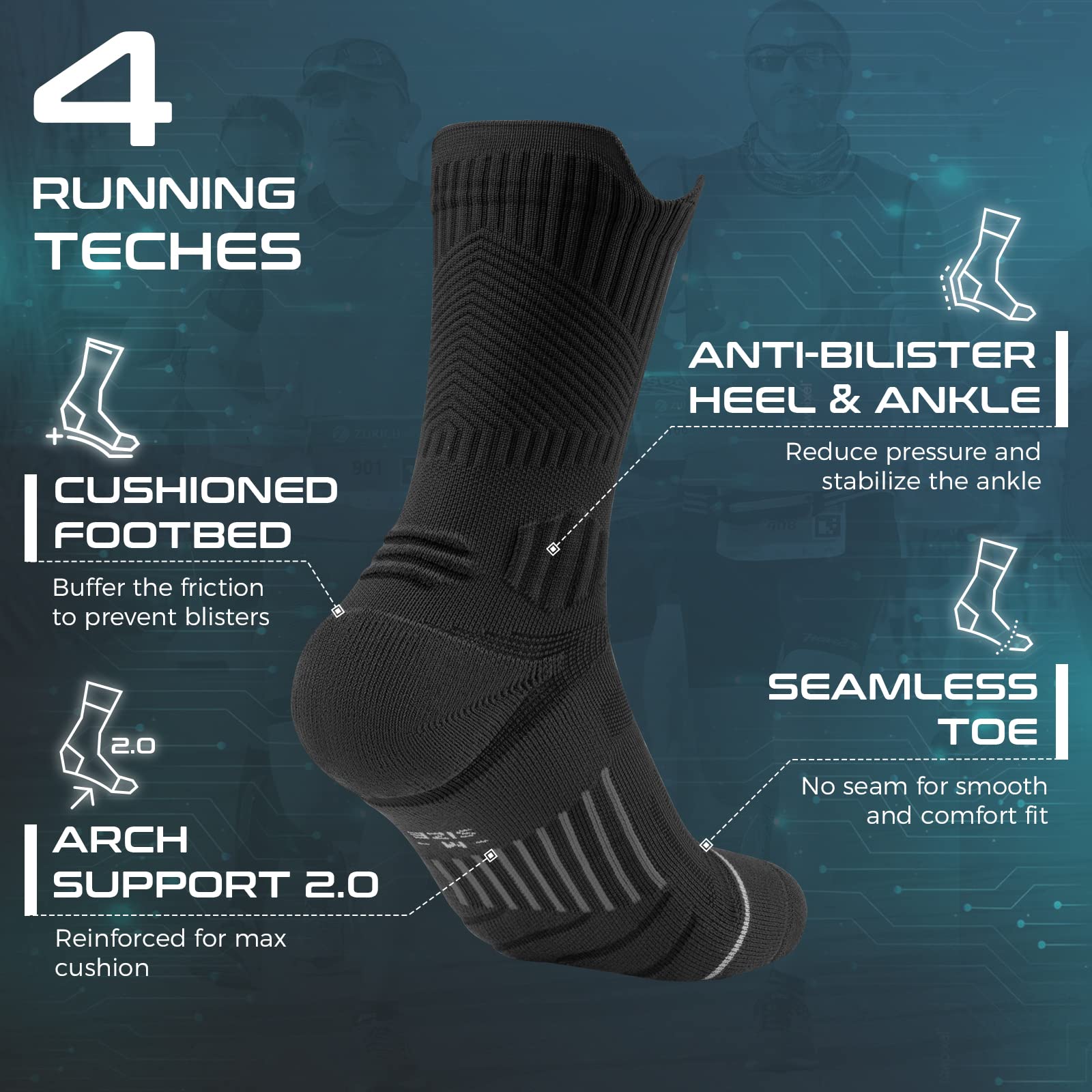 Rahhint Compression Running Socks 3 Pairs, Cushion Crew Socks, Anti-Blister Moisture Wicking