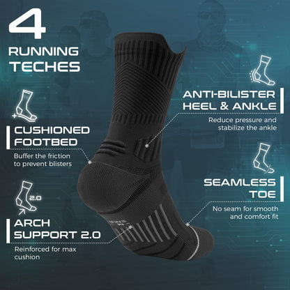 Rahhint Compression Running Socks 3 Pairs, Cushion Crew Socks, Anti-Blister Moisture Wicking