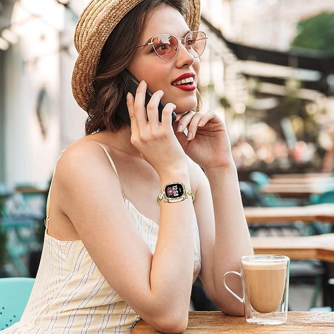 Silm Metal Band Compatible with Fitbit Versa 4/Fitbit Sense 2 Band Cute Women, Bling Jewelry Strap Replacement Compatible for Fitbit Sense/Versa 3 Women (Gold)