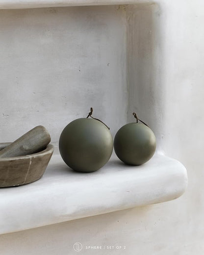 LAWA Set of 2 Sphere Candle - Beautiful Handmade Pillar Scented Soy Wax Elegant Aesthetic Candle Housewarming Gift Home Room Shelf Decor Idea (Earthy Green, Set of 2)