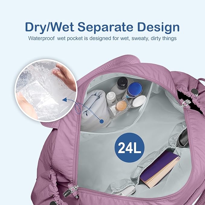 TOPDesign Travel Duffel Bag for Women, Puffer Gym Bag Sports Tote with Wet Pocket, Carry On Weekender with Luggage Sleeve (Purple)