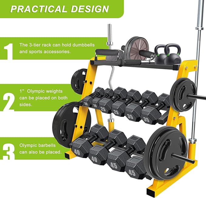 "Kipika Heavy Duty 3 Tier Dumbbell Rack Multifunctional, Weight Rack for Dumbbells, Home Gym Equipment, Suitable for Storage of Dumbbell, Kettle Bell, Barbell Plate, Barbell Bar"