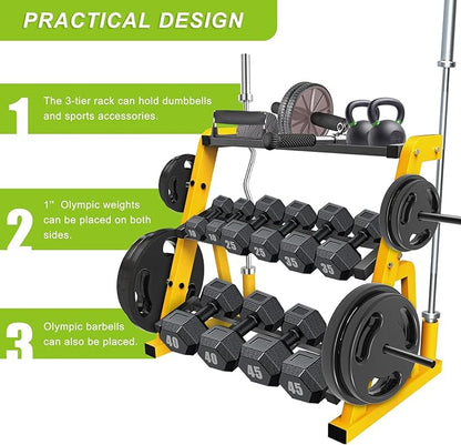 "Kipika Heavy Duty 3 Tier Dumbbell Rack Multifunctional, Weight Rack for Dumbbells, Home Gym Equipment, Suitable for Storage of Dumbbell, Kettle Bell, Barbell Plate, Barbell Bar"