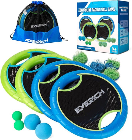 EVERICH TOY Trampoline Paddle Ball Set with 4 Bouncy Paddles & 8 Balls - Soft Foam Design for Kids