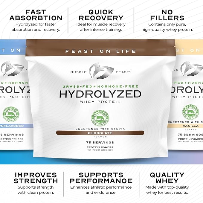 Muscle Feast Hydrolyzed Whey Protein Powder, Grass Fed and All Natural Hormone-Free, Hydro Whey Powder for Men and Women, Gluten Free, Non-GMO, Delicious Hydrolyzed Protein Powder, Unflavored, 2lb